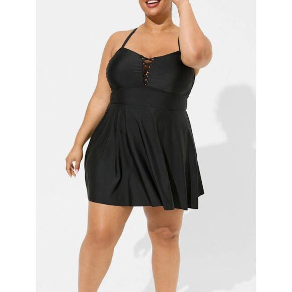 Torrid Wireless Lattice Front Swim Dress Womens 2 US 18 / 20 Black Skater Plus - Picture 2 of 14